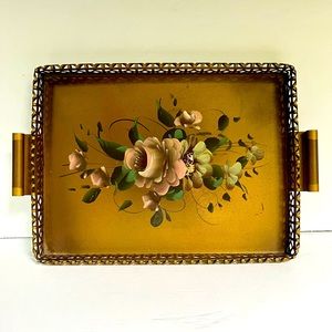VTG Tole Tray Roses Hand-painted Metal Dec-Art Handles Reticulated Sides